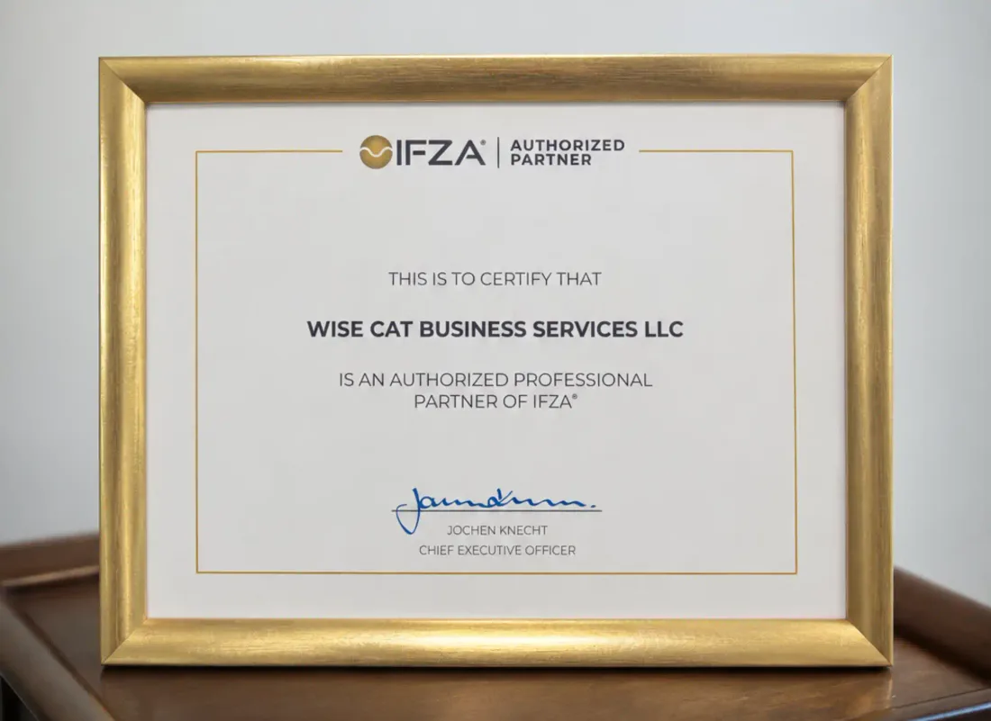 IFZA Authorized Partner certificate: Wise Cat Business Services LLC is an authorized professional partner of IFZA