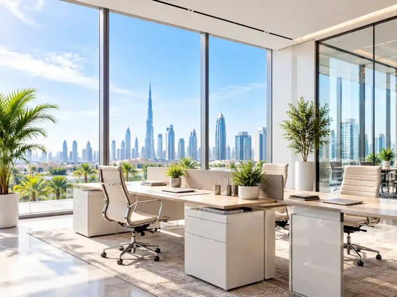 Modern office with a view of the Dubai skyline