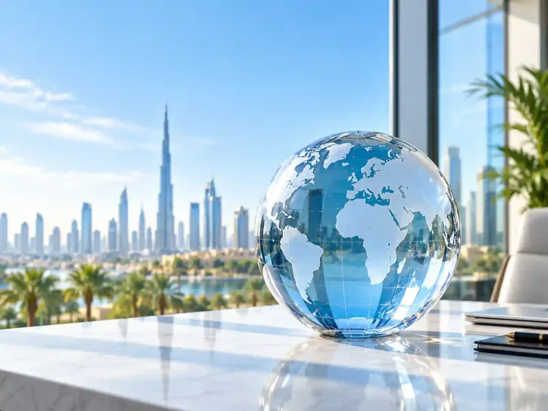 Glass globe in front of the Dubai skyline