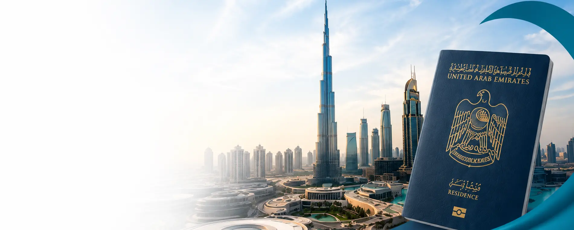 UAE residence visa services in Dubai, Burj Khalifa skyline with UAE passport