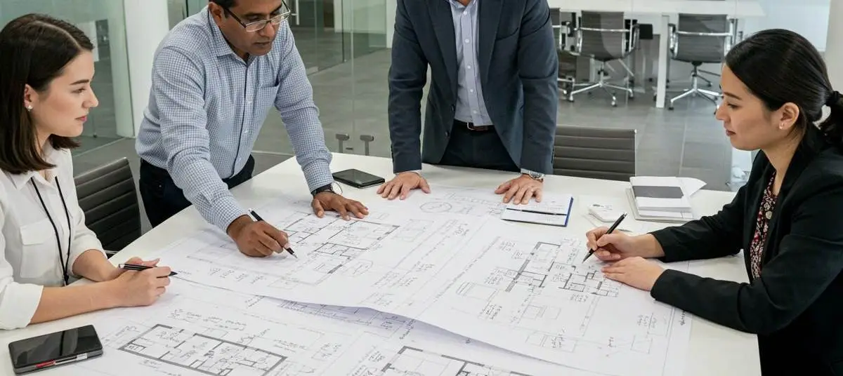 Professionals reviewing project documents for external government approvals in Dubai
